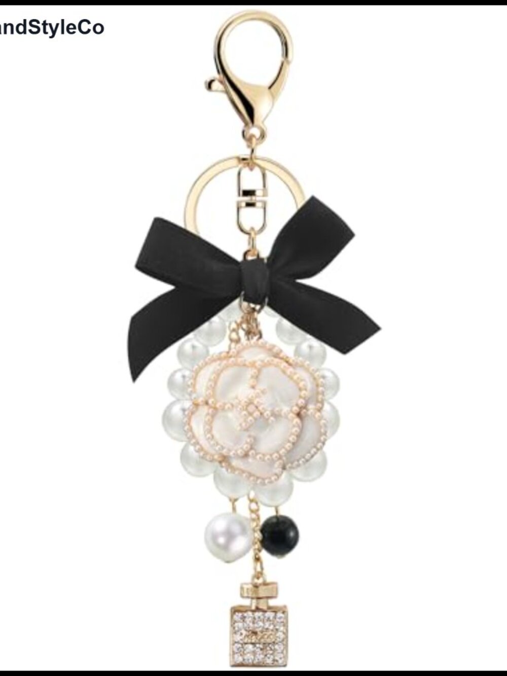 Flower Bow Purse Charm Keychain with Pearl Accents Metal Bag Accessory